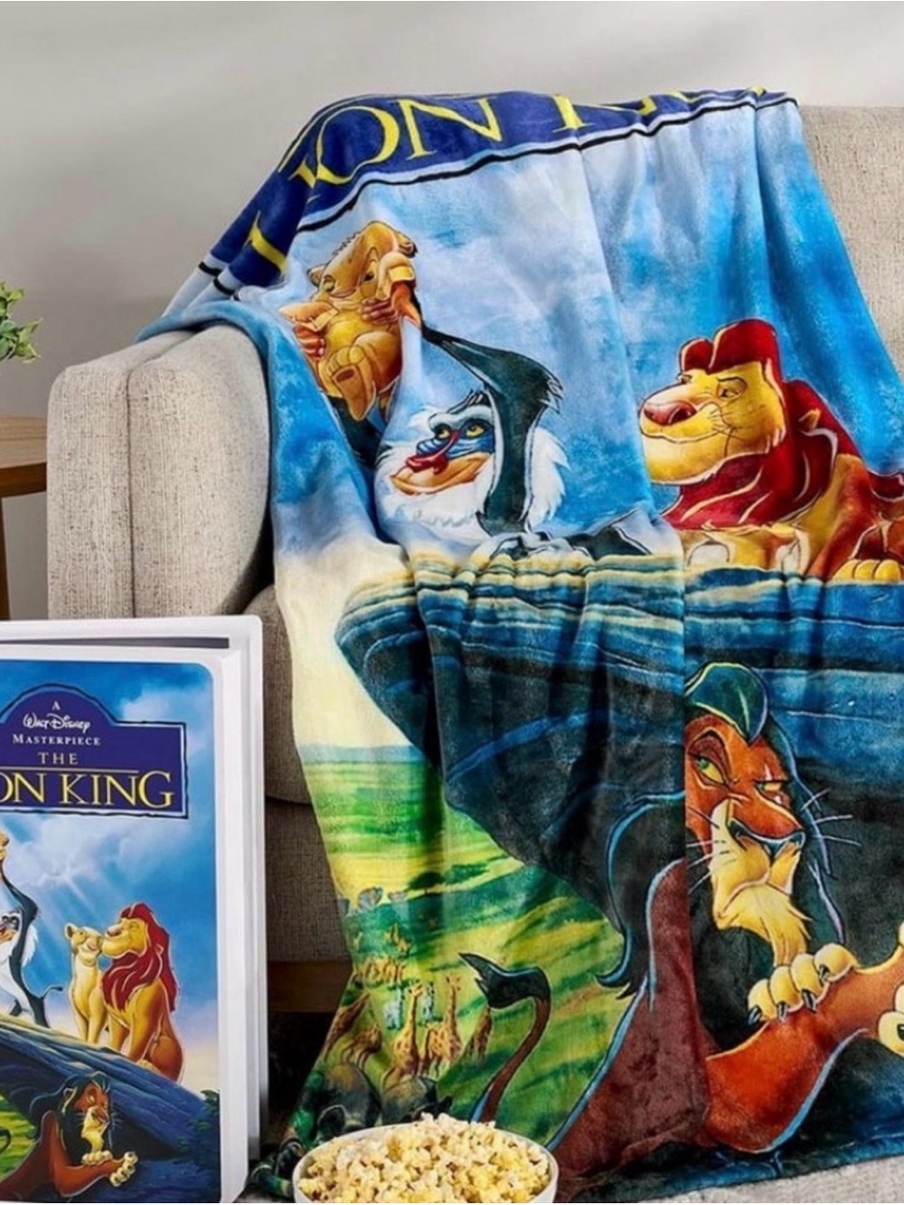 Disney The Lion King Plush Throw Blanket - Blue, Yellow, Red and VHS tape